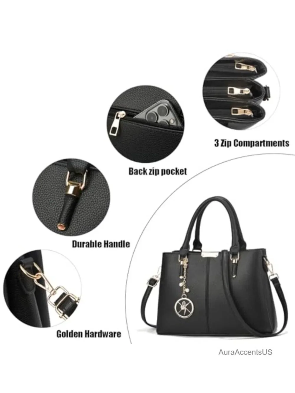 Faux Leather Satchel Purse with 3 Zip Compartments, Top Handle, Adjustable Strap